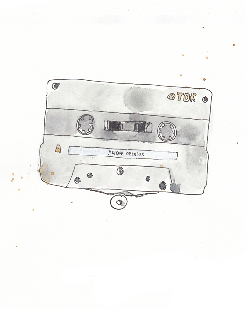 Animierte Zeichnung einer Musikkassette mit der Aufschrift: Mixtape Oberbilk. Das Band spielt sich wackelnd ab. 