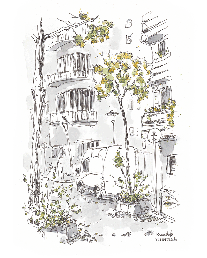 Animierte Zeichnung der Kronenstraße in Krefeld. Mit Fineliner und Aquarell. Ein Mietshaus mit Balkons in grau, davor ein weißer Lieferwagen. Grüngelbe Bäume. Vorn segelt ein gelbes Blatt runter, hinten kreuzt ein Mann mit dunklem Kapuzenpulli. 