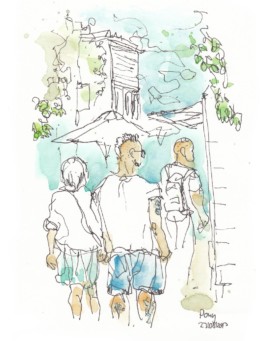 Zeichnung von drei flanierenden Menschen von hinten. Ein Pärchen hält Händchen, sie mit türkiser kurzer Hose, er mit blauer und tätowierten Beinen und Armen. Noch ein Mann mit Rucksack. Dahinter der blaue Himmel, ein Sonnenschirm, ein Stück Haus und Bäume. 