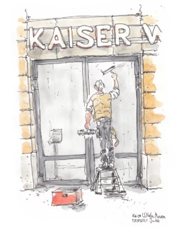 Zeichnung der Eingangstür vom Kaiser Wilhelm Museum in Krefeld. Ein Mann steht auf einer kleinen Leiter und putzt die Scheiben von außen. Darüber die Großbuchstaben KAISER.