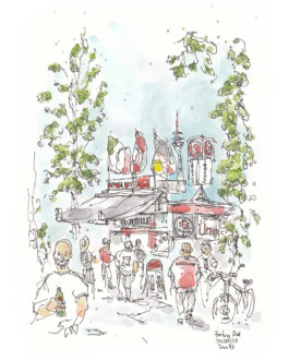 Zeichnung des Fortunabüdchens in Düsseldorf. Büdchen mit Fortuna-Logo und einigen Menschen mit Fortuna-Trikots davor. Dahinter der Rheinturm. Vorn ein Mann mit Bierflasche in der Hand. 