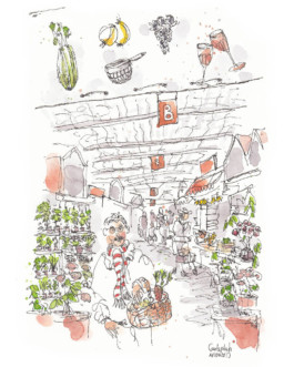 Zeichnung von einem Mann mit Korb und rot-weiß-gestreiftem Schal vor einem Marktgang. Aus dem Korb ragen Rüben. An den Ständen dahinter Obst, Gemüse und Grünpflanzen.