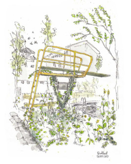 Zeichnung vom Stadtbad Krefeld. Mit Fineliner und Aquarell. Ein kleiner, gelber Sprungturm, zugewuchert mit grünen Pflanzen, drum herum dünne Bäume. 