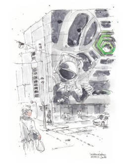Zeichnung vom Seidenweberhaus in Krefeld. Auf dem Haus ist ein Astronaut gemalt. Vor dem Haus eine Kreuzung, eine Frau mit Tasche. Weiter hinten kreuzt ein Skateboardfahrer. Gezeichnet mit Aquarell und Fineliner, vor allem in Grau und Weiß.