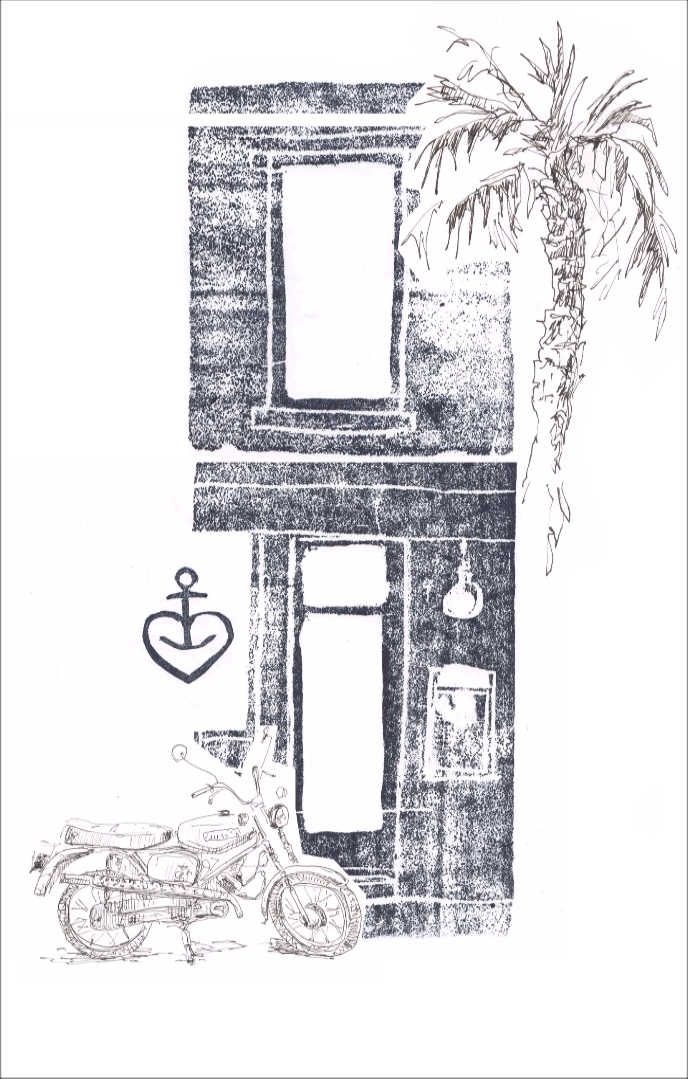 Animierte Zeichnung von einem Haus mit Astra-Herz, davor ein Motorrad. Das Haus verschwindet, es erscheint ein Glas Bier, dahinter ein weiblicher Akt. Gezeichnet mit Bleistift, Fineliner und Aquarell. Das Haus ist schwarz gestempelt. 