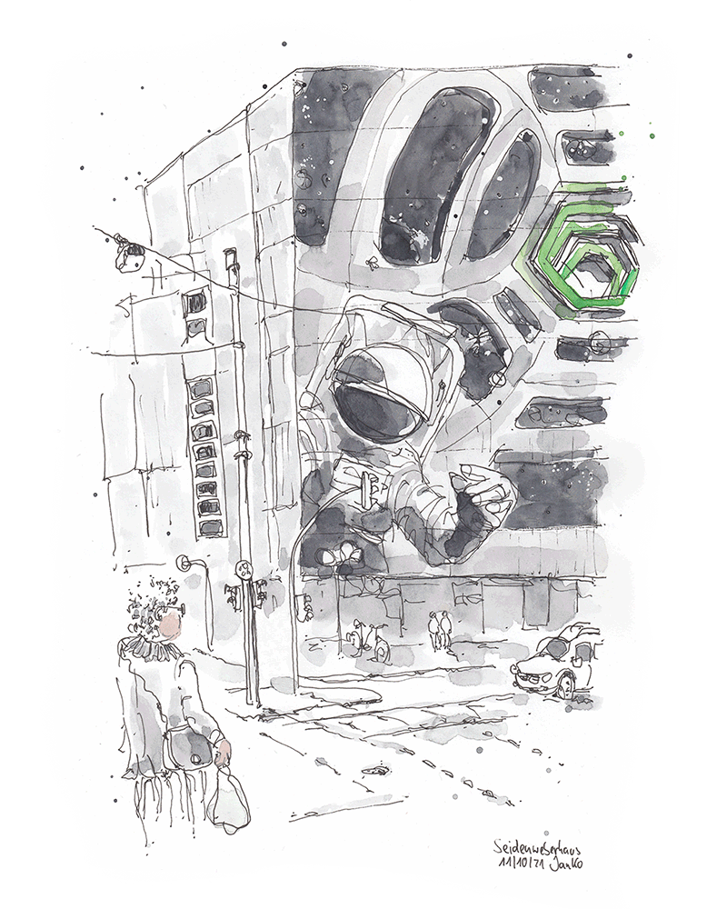 Animierte Zeichnung vom Seidenweberhaus in Krefeld, auf dem ein großer Astronaut gemalt ist. Dahinter im Weltall fliegen Planeten vorbei. 