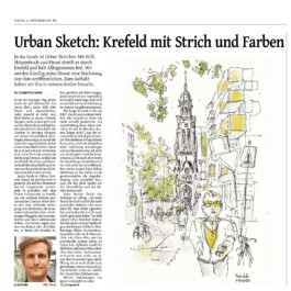 Eine Seite in der Westdeutschen Zeitung, Überschrift: Urban Sketch: Krefeld mit Strich und Farben. Links zwei Spalten Text, unten ein Porträtfoto von Janko Grode, rechts eine große Zeichnung der Rheinstraße in Krefeld.