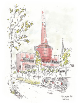 Zeichnung des Mies van der Rohe Business Parks in Krefeld. Fineliner und Aquarell. Ein rotes Gebäude mit Schornstein, davor ein Parkplatz mit Autos. Vorn links ein dünner Baum.