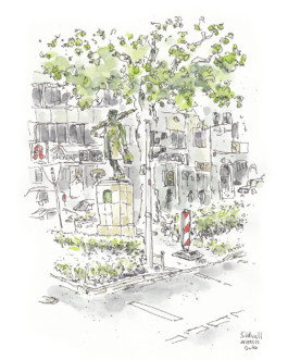 Zeichnung des Ponzelar-Denkmals am Ostwall in Krefeld. In der Mitte die Bronze-Statue, darüber eine grüne Baumkrone. Hinten ein Apotheken-Schild, vorne eine Ampel. Mit Fineliner und Aquarell.