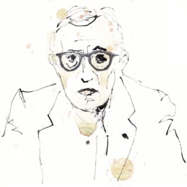 Gezeichnetes Porträt von Woody Allen. Brille schwarz gestempelt, Gesicht und Sakko mit schwarzer Tinte. Darüber ein paar beige und rosa Aquarell-Kleckse. 