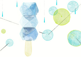 Zeichnung von einem eckigen Eis am Stiel. Das Eis hat drei blaue Teile, die wie mit Pyramiden-Spitzen nach vorn zeigen. Daneben türkise und hellgrüne Kreise. Gezeichnet mit Aquarell. 