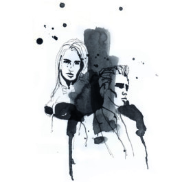 Mode-Zeichnung von zwei Models. Eine Frau mit langen Haaren und einem Bikini-Oberteil. Ein Mann mit kurzen Haaren und Hemd und Sakko. Oberkörper versetzt nebeneinander gezeichnet mit schwarzer Tinte. Dazwischen schwarze Farbe, darüber ein paar schwarze Kleckse. 