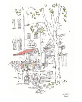 Zeichnung einer Hochzeitsgesellschaft auf der Straße vor einem Weinladen mit roter Markise. Vorn ein Fahrrad und ein großer Baum. Gezeichnet mit Fineliner und hellen Aquarell-Farben.