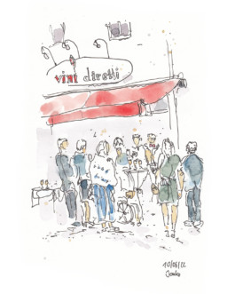 Zeichnung einer Hochzeitsgesellschaft, die an Stehtischen mit Hussen steht, draußen vor dem Weinladen vini diretti. Unter einer roten Markise. Gezeichnet mit Fineliner und Aquarell.