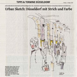 Eine Seite aus der Zeitung, Überschrift: Urban Sketch: Düsseldorf mit Strich und Farbe. Darunter eine Zeichnung von Leuten, die unter der Unterführung der Westdeutschen Zeitung in Düsseldorf stehen und in den Schaukästen lesen. Links neben der Zeichnung ein kurzer Text dazu.