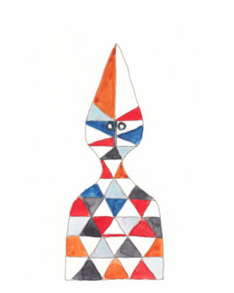 Zeichnung der Holzpuppe No. 12 von Vitra. Mit Fineliner und Aquarell. Ein spitz zulaufender Kopf, darunter ein Oberkörper. Darauf rote, blaue und graue Dreiecke. 