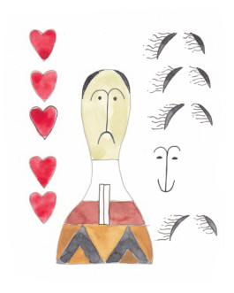 Zeichnung der Vitra-Holzpuppe No. 17, einem Mann mit heruntergezogenen Mundwinkeln, einem schwarzen Haaransatz und einem rot-gelben Oberteil. Daneben einzelne Zeichnungen von Haarteilen, einem lachenden Gesicht und Herzen. Bestandteile einer Animation, gezeichnet mit Fineliner und Aquarell. 