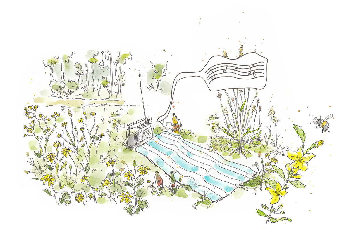 Animierte Zeichnung eines Radios im Park. Eine Blumenwiese, ein Handtuch, daneben ein Radio, aus dem eine Sprechblase kommt. Darin die Worte Klimabericht 2007, dann eine Weltkugel, am Ende rot. 