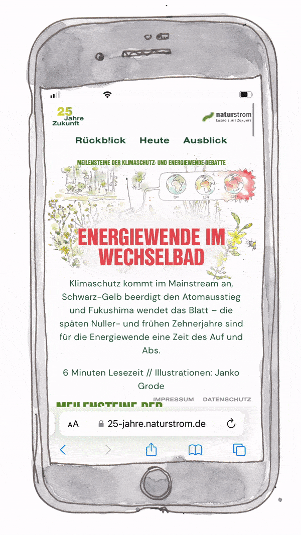 Animierte Zeichnung von einem Handy, auf dem ein Website-Artikel von Naturstrom durchgescrollt wird. Der Artikel enthält Zeichnungen von Klimawandel und Demonstranten. 