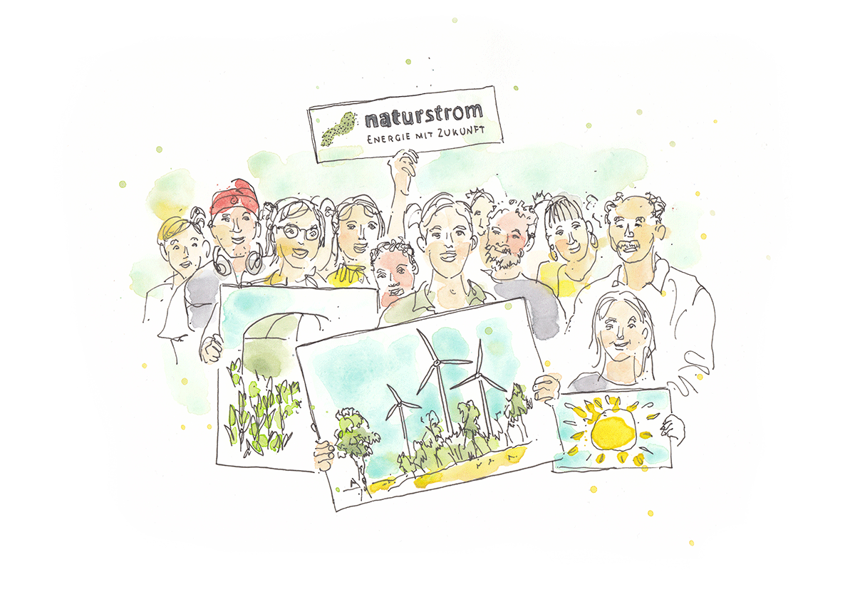 Zeichnung einer lächelnden Menschenmenge, die Plakate hochhält. Auf einem drehen sich Windräder, auf einem anderen ist eine Sonne. Auf einem steht: Naturstrom - Energie mit Zukunft. 