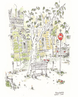 Zeichnung vom Alexanderplatz in Krefeld. Ein leerer Einkaufswagen steht vor einem Baum.