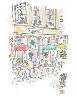 Zeichnung vom Café Liesgen in Krefeld. Menschen sitzen unter bunten Sonnenschirmen.