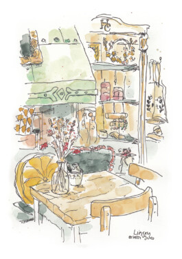 Zeichnung von einem Tisch im Café Liesgen. 