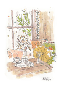 Zeichnung von einer Sitzecke im Café Liesgen mit vielen gemütlichen Kissen. 