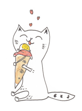 Die Katze vom Café Liesgen mit einem Eis in den Pfoten 